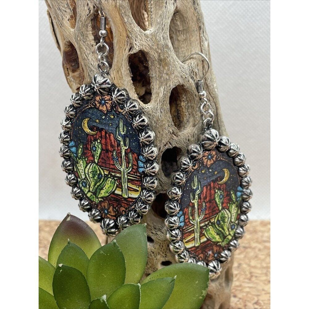 Christmas Gift Mom Aztec Cactus Southwest Western Earrings Turquoise Silver 22$